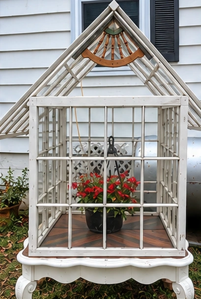 Large reclaimed-window greenhouse with an ornate repurposed base