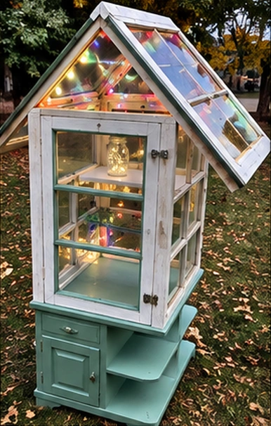 Small reclaimed-window greenhouse with a painted storage base